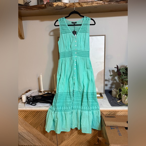Papa Vancouver Dresses & Skirts - NWT Papa Vancouver Aqua Crochet Ruffle Button Seafoam Midi Dress